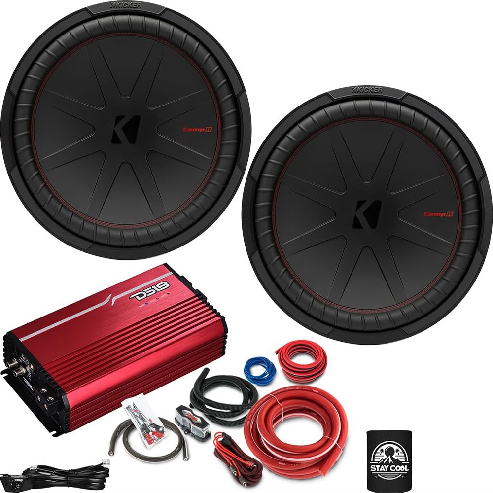 KICKER Subwoofers and Amp Package of 4 Items - 15" CompR 1600 Watt Subs, DS18 Class D Monoblock Amplifier (Red), and Complete 0AWG Wiring Kit 48CWR152(2)+FRP-3.5K/RD+AMPKIT0