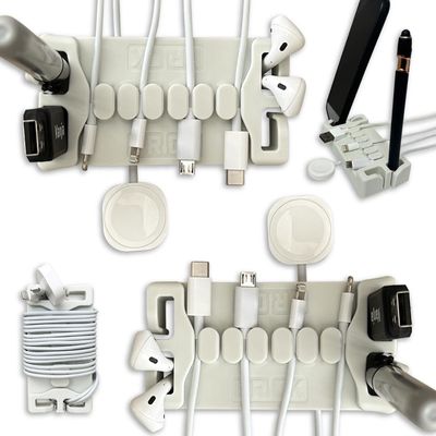 DeskBrick 2PK Patented Non-Slip Steel-Weighted Desk Organizers & Cable Management Gadgets, Versatile Cord, Phone & Accessory Holders for Office, Home & Desktop Best Gift for Men. Light Gray