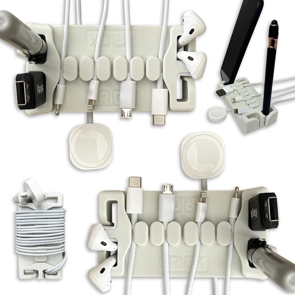 DeskBrick 2PK Patented Non-Slip Steel-Weighted Desk Organizers & Cable Management Gadgets, Versatile Cord, Phone & Accessory Holders for Office, Home & Desktop Best Gift for Men. Light Gray