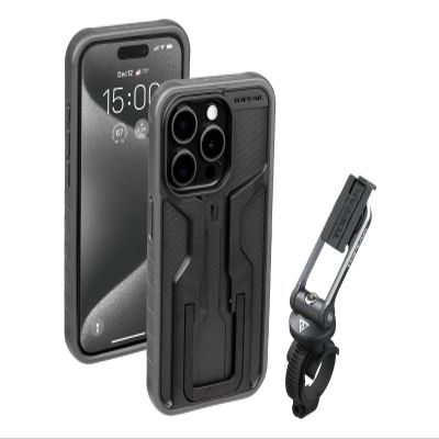 Topeak RideCase with Mount for iPhone 15 Pro (Black/Gray) Full-Protection Cycling Case with Handlebar/Stem Mount, Flip Stand & Angle Adjust, Type-C Compatible, Shockproof Dual-Density Design