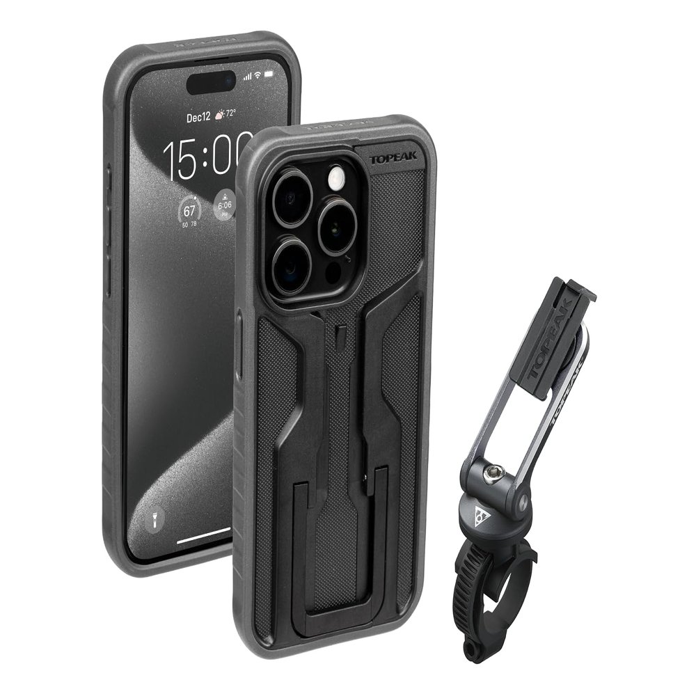 Topeak RideCase with Mount for iPhone 15 Pro (Black/Gray)  Full-Protection Cycling Case with Handlebar/Stem Mount, Flip Stand & Angle Adjust, Type-C Compatible, Shockproof Dual-Density Design