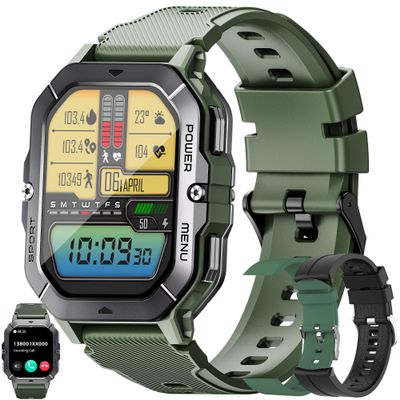 Military Smart Watch for Men(Answer/Make Calls), 2.02AMOLED 5ATM Waterproof Smartwatch with Heart Rate/SpO2/Blood Pressure, 100+ Sports, Fitness Watch for Android iPhone, with 3 Watch Bands (Green)