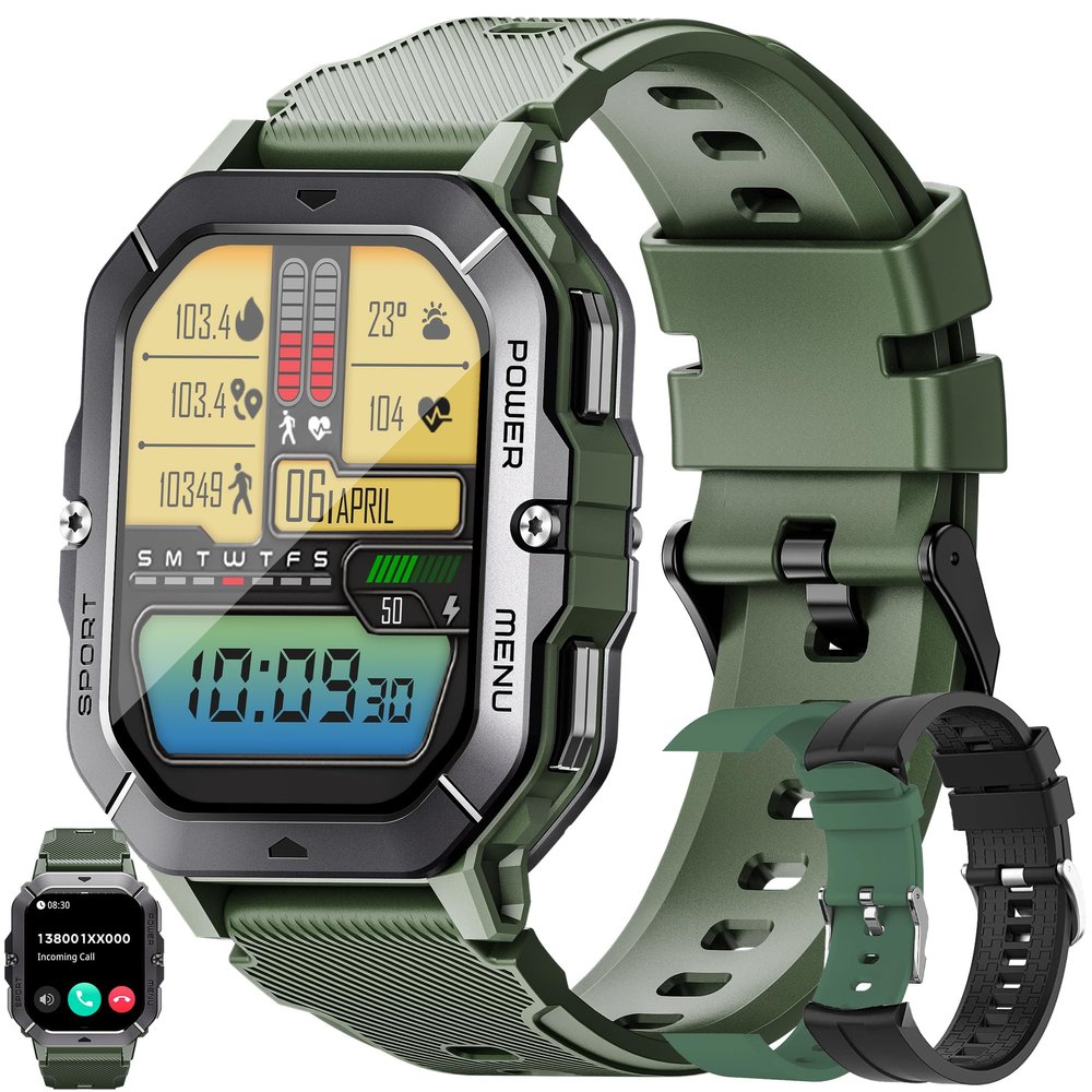 Military Smart Watch for Men(Answer/Make Calls), 2.02AMOLED 5ATM Waterproof Smartwatch with Heart Rate/SpO2/Blood Pressure, 100+ Sports, Fitness Watch for Android iPhone, with 3 Watch Bands (Green)