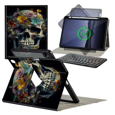 DHYYDSQZ Keyboard Case for Samsung Galaxy Tab S9 FE+ Plus/Galaxy Tab S9+ Plus 12.4 Inch 2023 with 360 Degree Rotating Slim Cover Detachable Wireless Keyboard & S Pen Holder, Skull Art Flowers