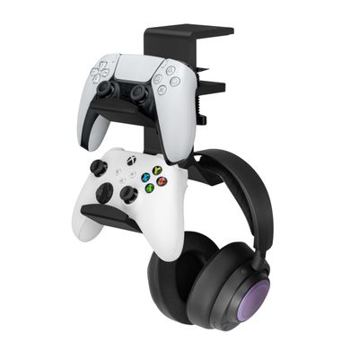BRAINWAVZ The Grebe - Headphone & Dual Game Controller Holder - Attaches to Side of Desk, Under Desk Headset Holder, Suitable for All Headphones & Gamepads