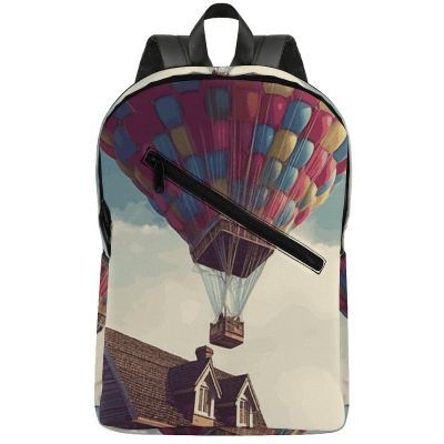 17 Inch Travel Backpack Lightweight Waterproof Casual Laptop Backpack Hiking Camping Daypack for Women Men Hot Air Balloon Take Wooden House Fly The