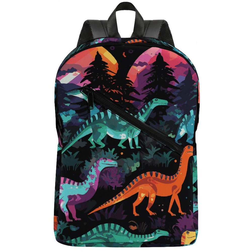 17 Inch Travel Backpack Lightweight Waterproof Casual Laptop Backpack Hiking Camping Daypack for Women Men Colorful Dinosaurs on Black Background