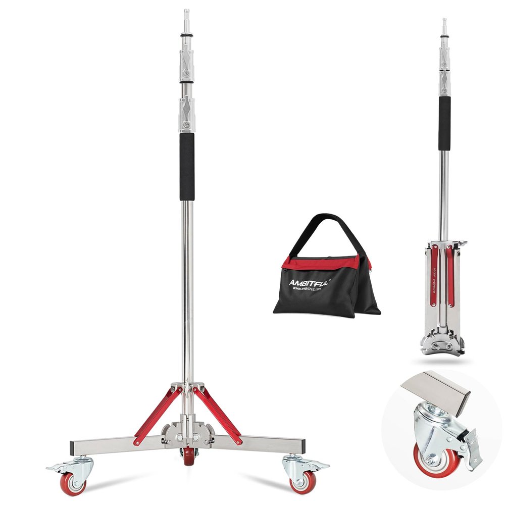 AMBITFUL Heavy Duty Light Stand with Casters, 100% Stainless Steel Max Height 10ft/305cm, Photography Wheeled Base Stand for Studio Softbox, Monolight, ReflectorAS-300