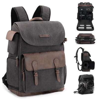 Cwatcun Canvas Camera Bag, DSLR SLR Camera Backpack for Photographers with Waterproof Rain Cover, Camera Case with 16" Laptop Compartment & Tripod Holder for Canon Nikon Sony Fuji Camera & Lenses