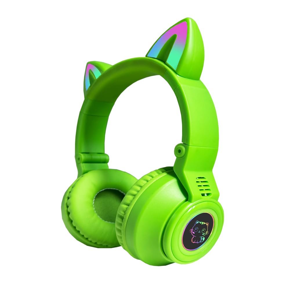 Kids Bluetooth Headphones,Cat Ear LED Light Up Wireless/Wired Headset,85 dB Volume Limited Foldable Headphones,Built-in Mic,Support FM/Micro SD/TF,for Phone/Tablet/Pad/PC/Kindle/Laptop/TV(Green)