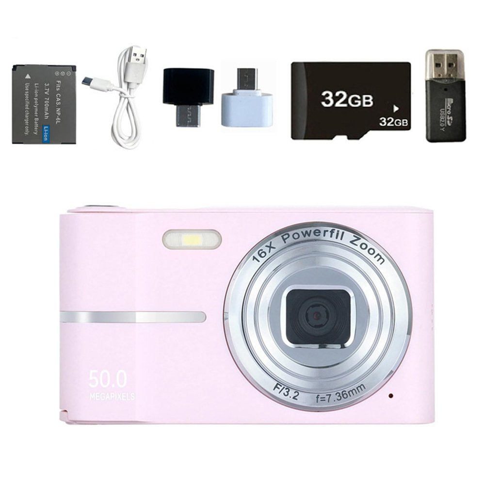 Digital Camera FHD 4K 50MP with 32GB Card 16X Zoom Anti Shake Compact Portable Small Cameras for Photography Point and Shoot Camera Gift for Student Teen Beginner (Pink)