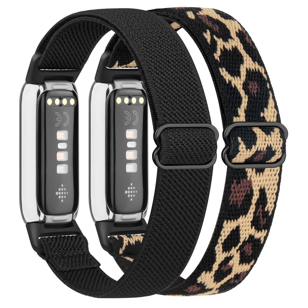 2 Pack Adjustable Elastic Bands for Fitbit Luxe Bands, Soft Stretchy Nylon Loop Strap Replacement Wristband for Fitbit Luxe/Luxe Special Edition Fitness Tracker Women Men (Black/Leopard)