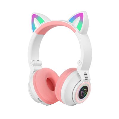 Bluetooth Headphones Girl Kids,Cat Ear LED Light Wireless/Wired Headset,85 dB Volume Limited, Foldable,Built-in Mic,Support FM/Micro SD/TF,for Phone/Tablet/Pad/PC/Kindle/Laptop/TV(Pink/White)
