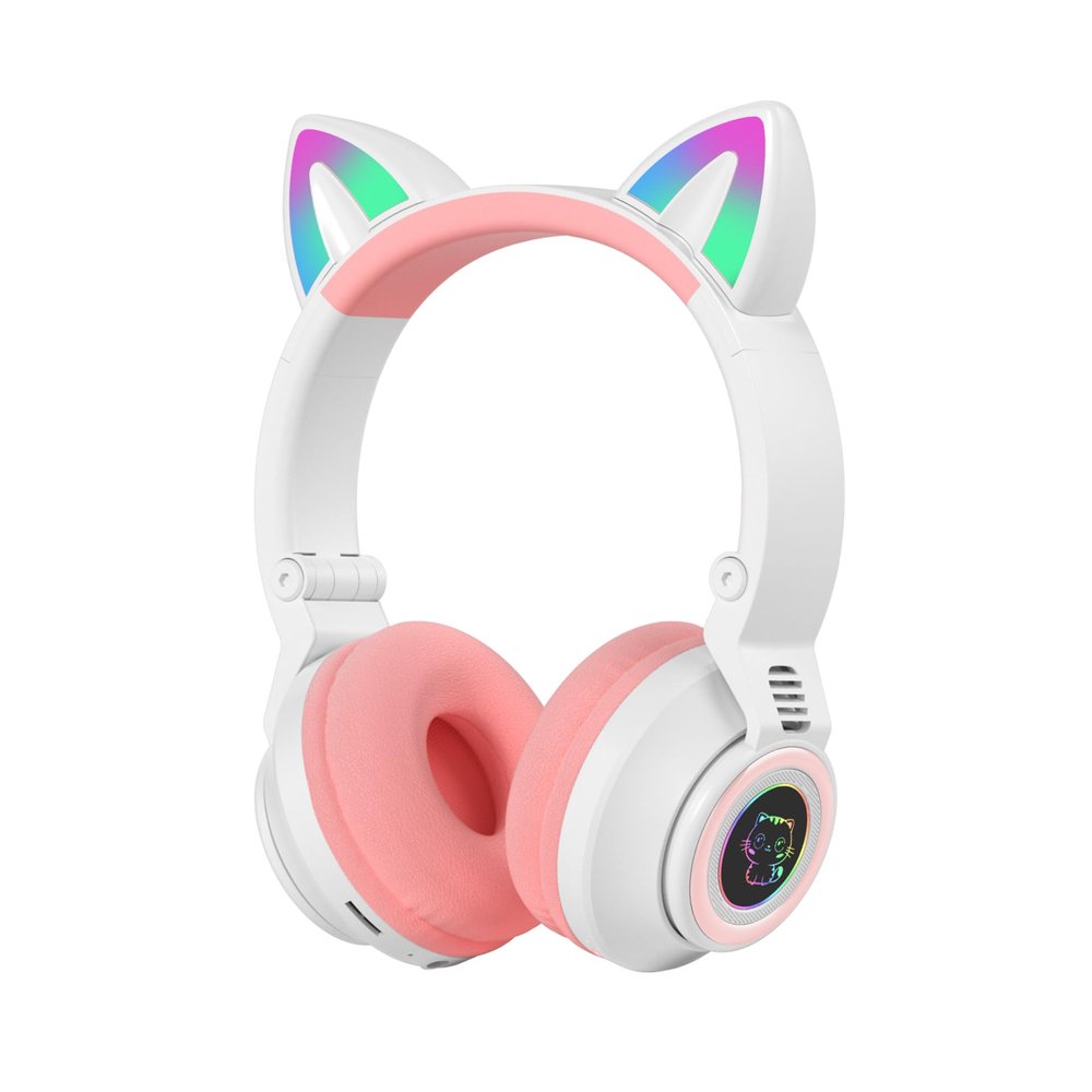 Bluetooth Headphones Girl Kids,Cat Ear LED Light Wireless/Wired Headset,85 dB Volume Limited, Foldable,Built-in Mic,Support FM/Micro SD/TF,for Phone/Tablet/Pad/PC/Kindle/Laptop/TV(Pink/White)