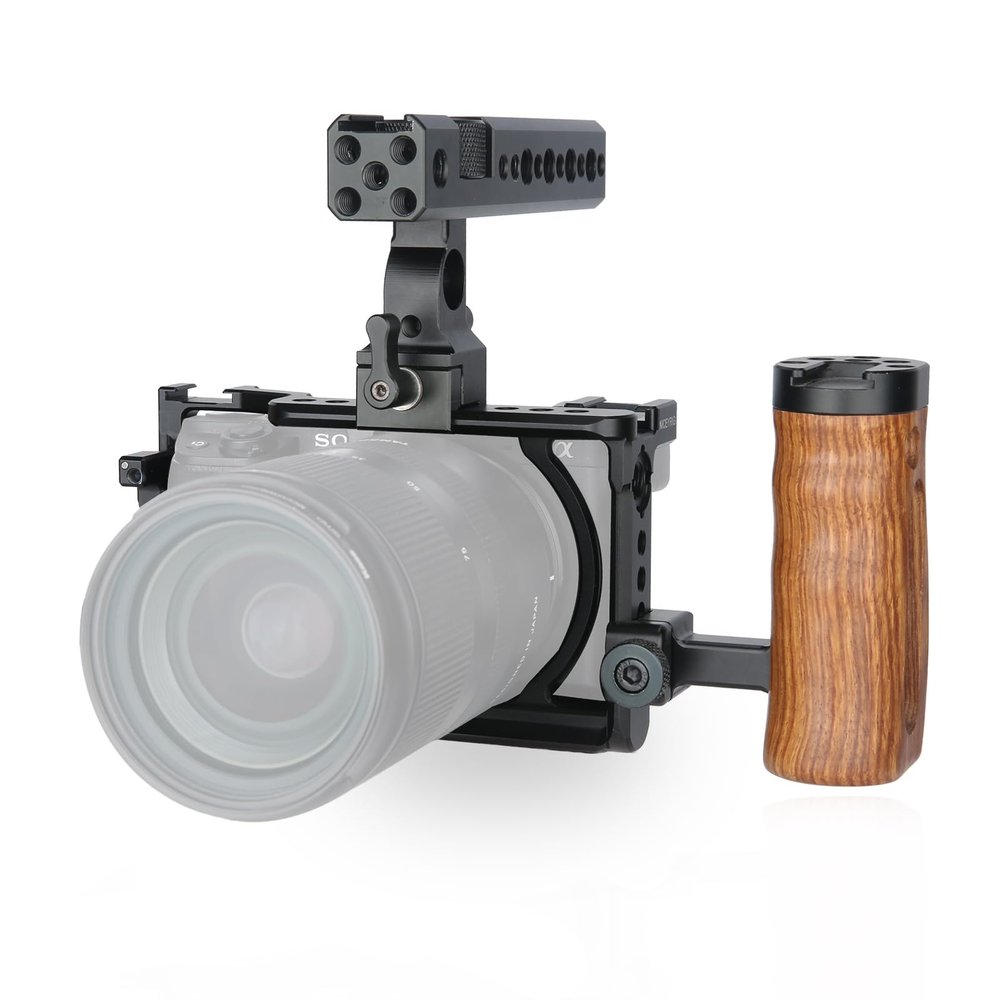 NICEYRIG A6400 A6500 A6100 Camera Cage Kit for Sony Alpha A6400 A6500 A6100, with NATO Top Handle, Wooden Side Handle DSLR Video Rig Stabilizer