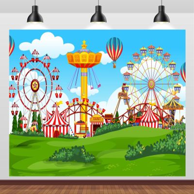 BELECO 12x8ft Fabric Cartoon Amusement Park Backdrop Circus Carnival Ferris Wheel Roller Coster Children's Playground Background for Party Decorations Kids Children Birthday Photoshoot Studio Props