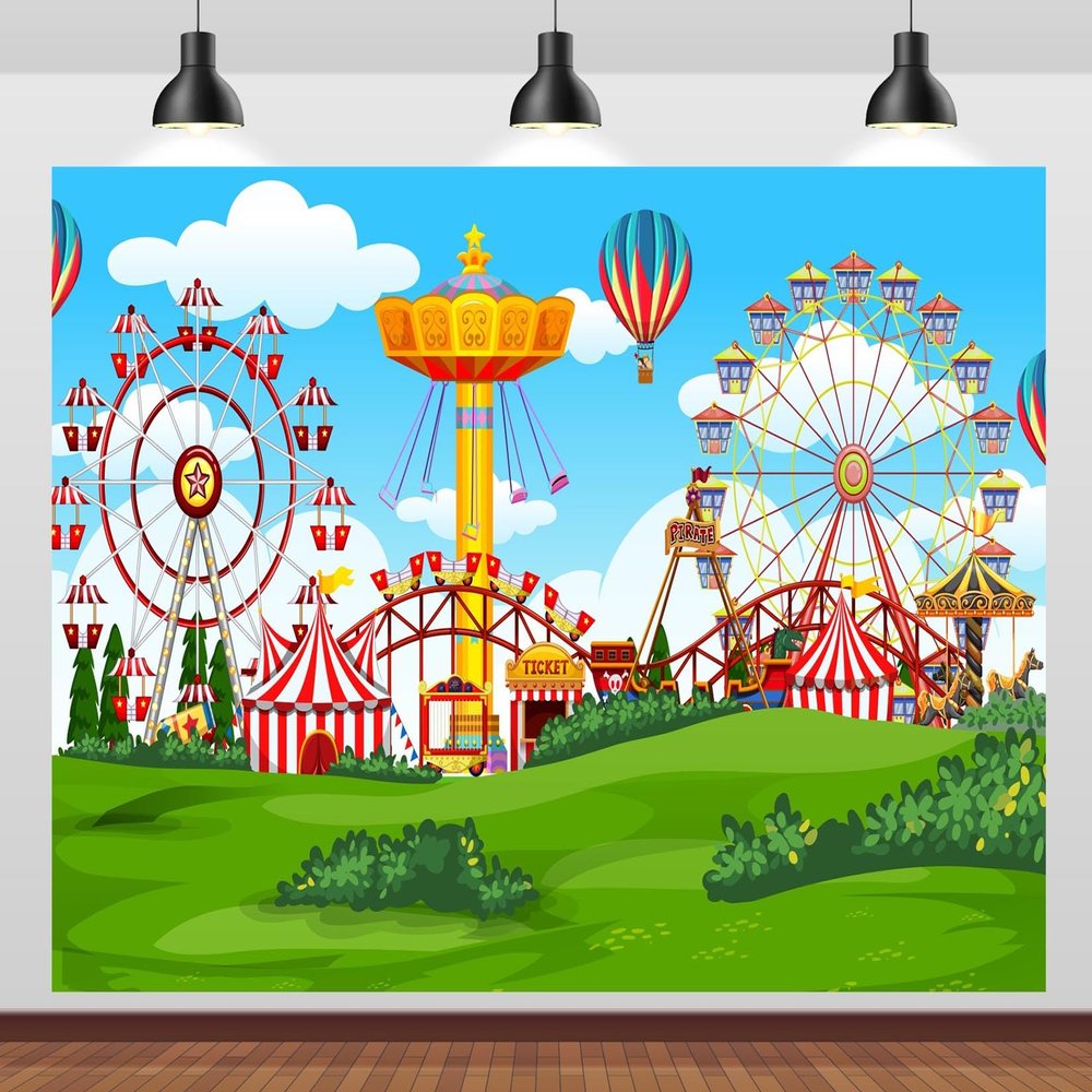BELECO 12x8ft Fabric Cartoon Amusement Park Backdrop Circus Carnival Ferris Wheel Roller Coster Children's Playground Background for Party Decorations Kids Children Birthday Photoshoot Studio Props