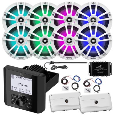 Marine Bluetooth AM/FM Radio Digital Media Receiver, 8X 6.5 225 Watt 2-Way Multicolor LED White Speakers, 2X 4-Channel Amplifier w/2x Wiring Kit, Audio Splitter, Antenna (Black)