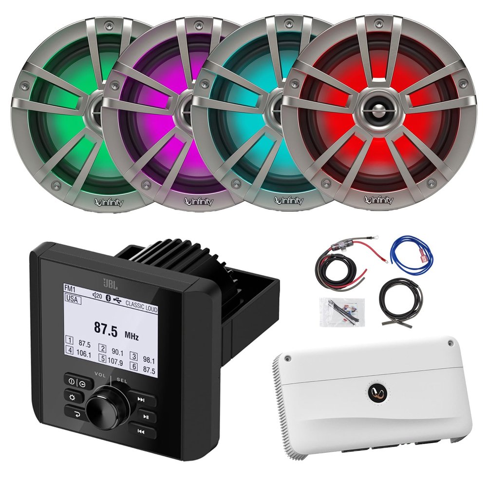 Marine Bluetooth AM/FM Radio Digital Media Receiver, 4X 6.5 225 Watt Max 2-Way Multicolor LED Boat Audio Titanium Speakers, 4-Channel Amplifier w/Wiring Kit