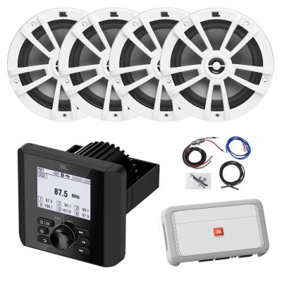Marine Bluetooth AM/FM Radio Digital Media Receiver, 4X 6.5 180 Watt Max Power 2-Way Boat Audio White Speakers, 4-Channel Amplifier w/Wiring Kit