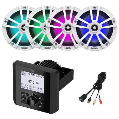 Marine Bluetooth AM/FM Radio Digital Media Receiver, 4X 6.5 225 Watt Peak Power 2-Way Multicolor LED Boat Audio White Speakers with USB to AUX Adapter