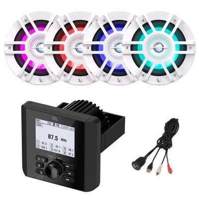 Marine Bluetooth AM/FM Radio Digital Media Receiver, 4x 6.5" 300 Watt Max Power 2-Way Multicolor LED Boat Audio White Speakers with USB to AUX Adapter