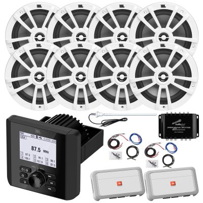 Marine Bluetooth AM/FM Radio Digital Media Receiver, 8X 6.5 180 Watt Max 2-Way Boat Audio White Speakers, 2X 4-Channel Amplifier w/2x Wiring Kit, Audio Splitter, Antenna (White)