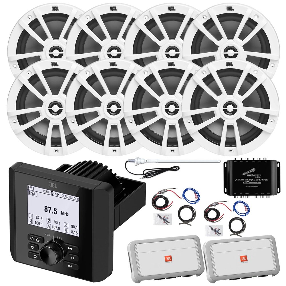 Marine Bluetooth AM/FM Radio Digital Media Receiver, 8X 6.5 180 Watt Max 2-Way Boat Audio White Speakers, 2X 4-Channel Amplifier w/2x Wiring Kit, Audio Splitter, Antenna (White)