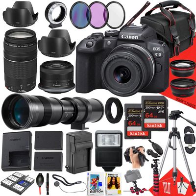 Canon EOS R10 Mirrorless Camera with RF-S 18-45mm f/4.5-6.3 IS STM, EF 75-300mm f/4-5.6 III and 420-800mm f/8.3 HD Lens + 128 GB Memory + Filters + More (37pc Bundle) (Renewed)