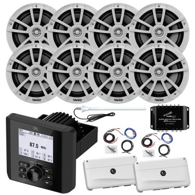 Marine Bluetooth AM/FM Radio Digital Media Receiver, 8x 6.5" 180 Watt Max 2-Way Boat Audio White Speakers, 2x 4-Channel Amplifier, 2x Amp Wiring Kit, Audio Splitter, Antenna (White)