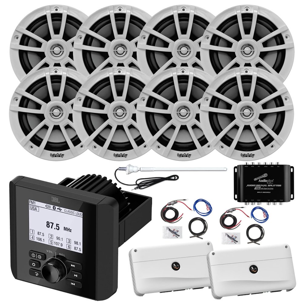 Marine Bluetooth AM/FM Radio Digital Media Receiver, 8x 6.5" 180 Watt Max 2-Way Boat Audio White Speakers, 2x 4-Channel Amplifier, 2x Amp Wiring Kit, Audio Splitter, Antenna (White)