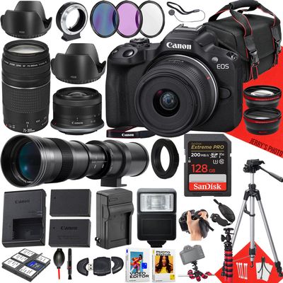 Canon EOS R50 Mirrorless Camera with RF-S 18-45mm f/4.5-6.3 IS STM, EF 75-300mm f/4-5.6 III and 420-800mm f/8.3 HD Lens + 128 GB Memory + Filters + More (34pc Bundle) (Renewed)