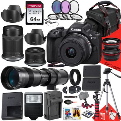 Canon EOS R50 Mirrorless Camera with RF-S 18-45mm f/4.5-6.3 IS STM, RF-S 55-210mm f/5-7.1 IS STM and 420-800mm Lens + 64 GB Memory + Filters + More (36pc Bundle) (Renewed)