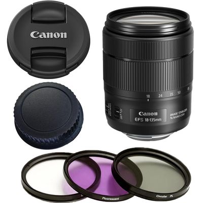 Canon EF-S 18-135mm f/3.5-5.6 IS USM Lens (New, White Box) with 3 Piece Filter Kit (Ultra Violet/Circular Polarized/Fluorescent) (Renewed)