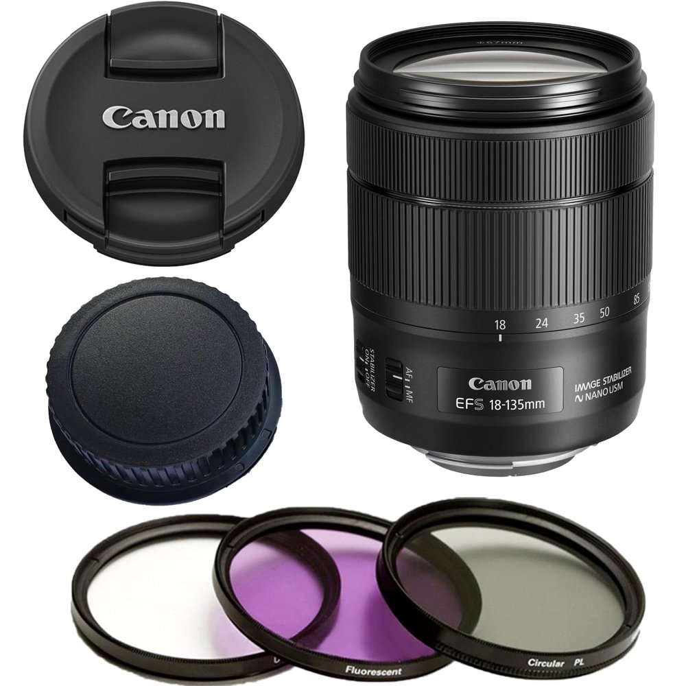 Canon EF-S 18-135mm f/3.5-5.6 IS USM Lens (New, White Box) with 3 Piece Filter Kit (Ultra Violet/Circular Polarized/Fluorescent) (Renewed)