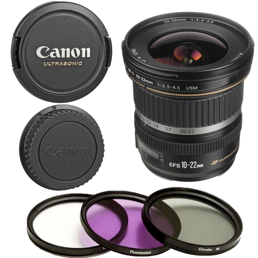 Canon EF-S 10-22mm f/3.5-4.5 USM Lens (New, White Box) with 3 Piece Filter Kit (Ultra Violet/Circular Polarized/Fluorescent) (Renewed)