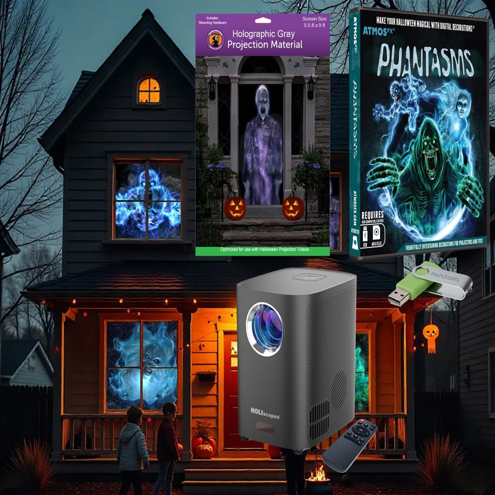 HoliScapes USB Projector Kit - AtmosFx Phantasms USB + Projector + 5.5' x 9' Large Gray Holographic Screen for Halloween Projection