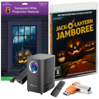 HoliScapes USB Projector Kit - AtmosFX Jack-O-Lantern Jamboree USB + Projector + 48" x 72" Large White Holographic Screen for Halloween Projection