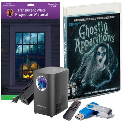 HoliScapes USB Projector Kit - AtmosFx Ghostly Apparitions on USB + Projector + 48" x 72" Large White Holographic Screen for Halloween Projection