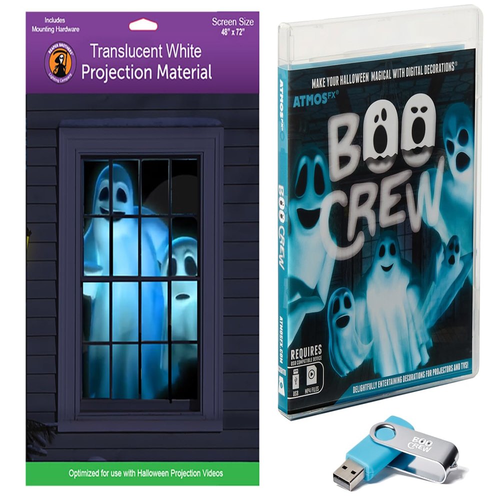 AtmosFX Boo Crew USB + 48" x 72" Window White Holographic Screen for Halloween Projection