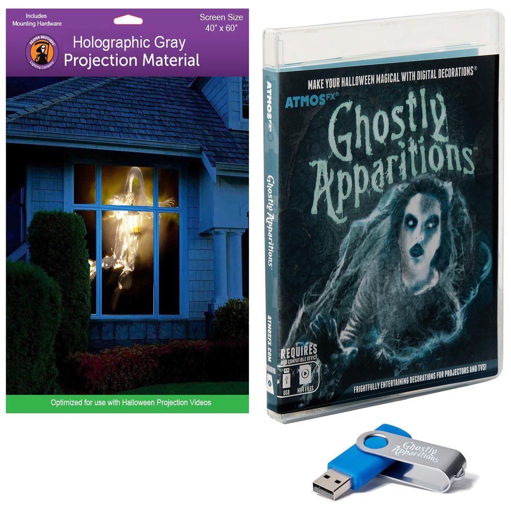AtmosFX Ghostly Apparitions USB + 40" x 60" Gray Window Holographic Screen for Halloween Projection