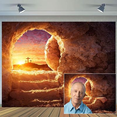 15x10ft Easter Jesus Christ Cross Backdrop Empty Tomb Stone Cave Shroud Sunrise Holy Bible Resurrection of Jesus Christ Photography Background Lord Pray Church Events Banner Decorations Studio Props