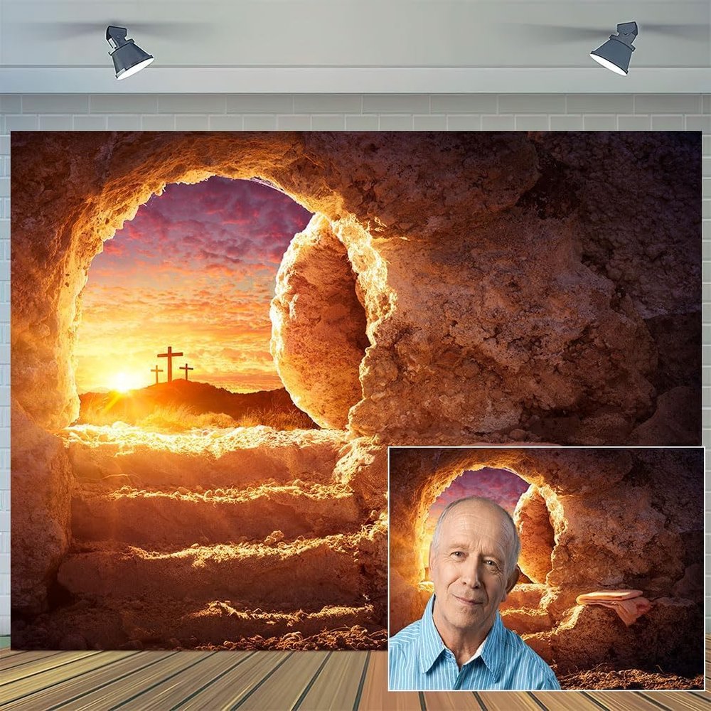 15x10ft Easter Jesus Christ Cross Backdrop Empty Tomb Stone Cave Shroud Sunrise Holy Bible Resurrection of Jesus Christ Photography Background Lord Pray Church Events Banner Decorations Studio Props