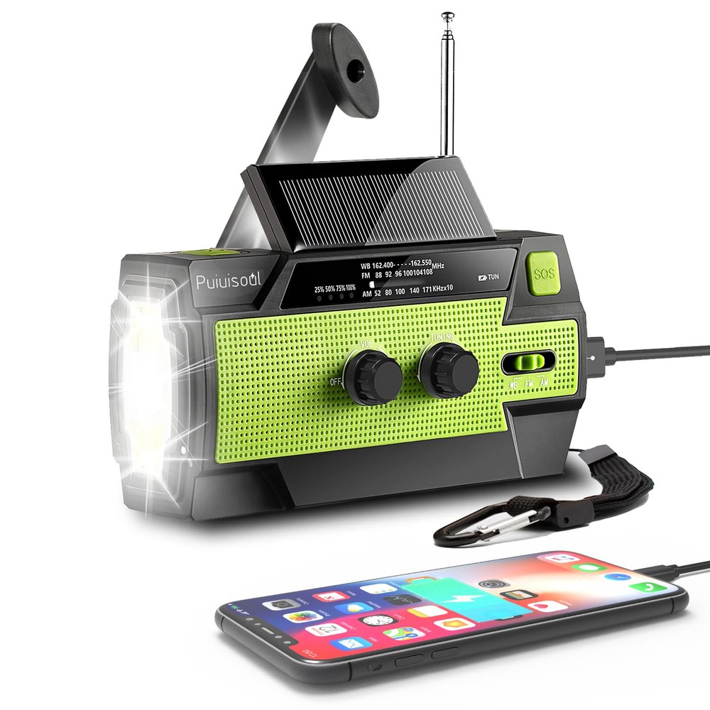 Emergency-Radio,Puiuisoul 4000mAh Weather Radios with Hand Crank & Solar Charging,Portable 3 Gear LED Flashlight,SOS Alarm, AM/FM/NOAA,Motion Sensor Reading Lamp