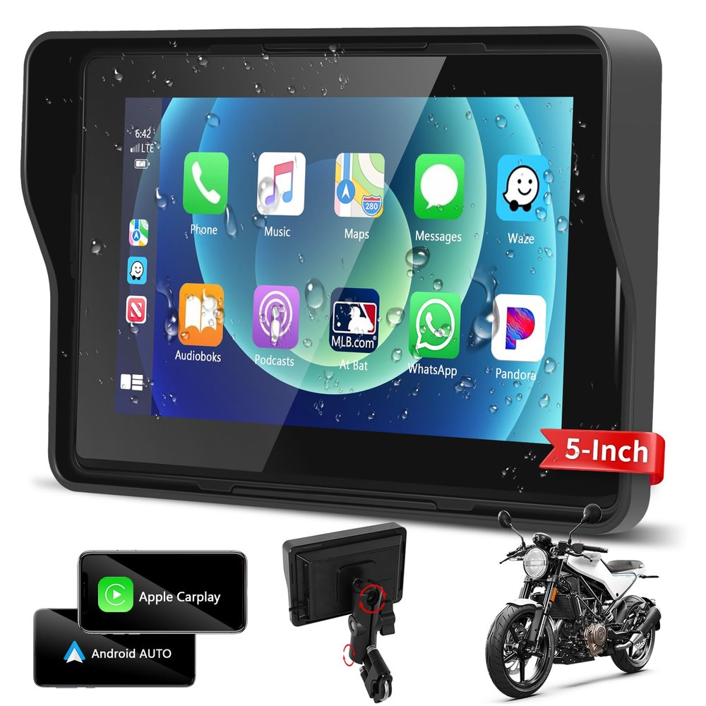 Podofo 2025 Upgrade Motorcycle GPS Wireless Apple Carplay/Android Auto Waterproof Car Stereo, 5" IP67 Waterproof IPS Touchscreen with Dual Bluetooth,Navigation/Siri/Goog-le for Motorbike
