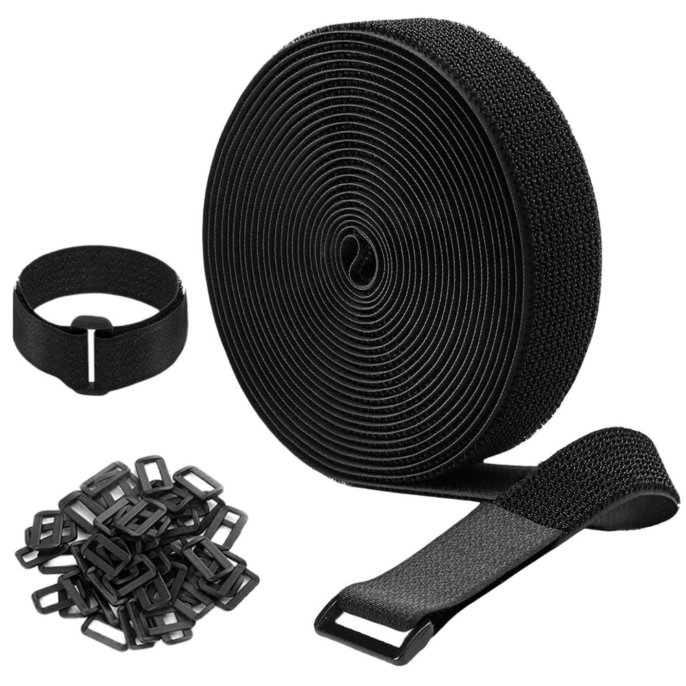 26ft 1.5 Inch Wide Cable Straps, Jumpso Adjustable Fastening Hook and Loop Straps with 20 Buckles, Reusable Nylon Cut-to-Length Cinch Straps for Organizer or Storage, Black
