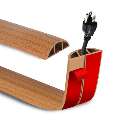 10FT Cord Cover Floor Self Adhesive Floor Cable Management, Cord Hider Floor Power Cord Cover, Soft PVC Cable Protector for Offices, Living Room, Gym, Brown Wood, Cord Cavity: 0.35"(W) x 0.27"(H)