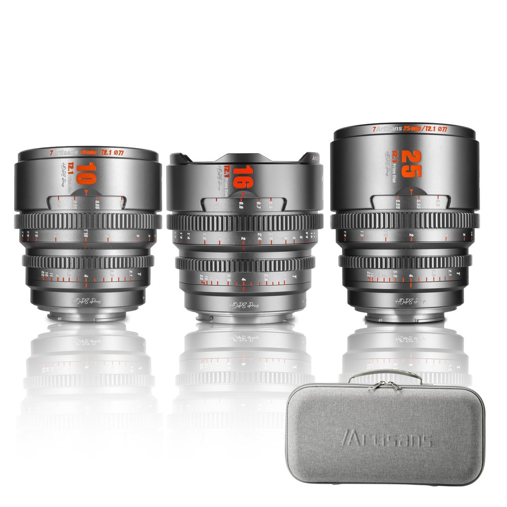 7artisans 10mm/16mm/25mm T2.1 Cine Lens S35 Frame Set Compatible for Canon RF-S Mount for RED Komodo/RED Komodo X/Canon C70/CANON R7/R50/R10(Titanium Gray)