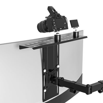 16 inch VESA Monitor Mount Shelf for Streaming - Holds Cameras, Webcams, Microphones & Lights, Height Adjustable, Fits 100100 mm VESA Pattern, All-in-One Design (Black)