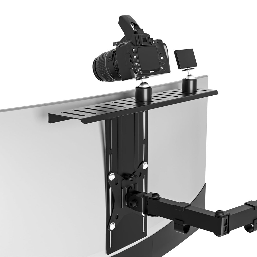16 inch VESA Monitor Mount Shelf for Streaming - Holds Cameras, Webcams, Microphones & Lights, Height Adjustable, Fits 100100 mm VESA Pattern, All-in-One Design (Black)